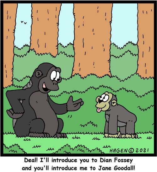 "Deal! I'll introduce you to Dian Fossey and you'll introduce me to Jane Goodall!"
