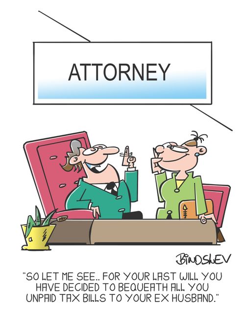 "So let me see... for your last will you have decided to bequeath all your unpaid tax bills to your ex husband."