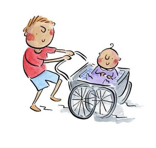 A man pushing a pram