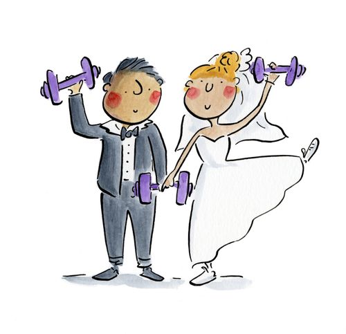 A bride and groom working out