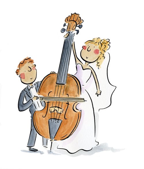 A bride and groom playing a double bass