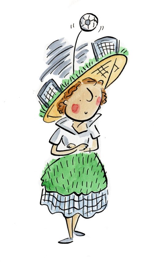 A woman wearing a football pitch hat