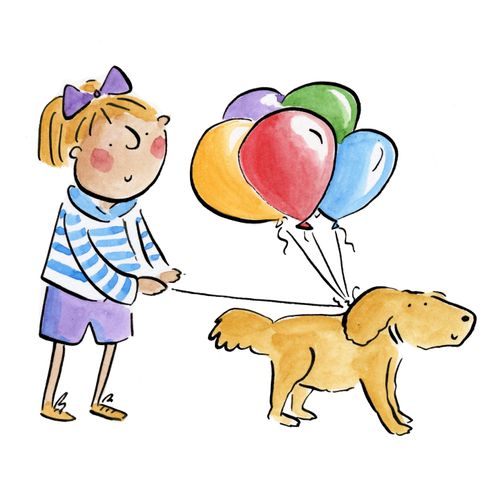 A girl with a dog and balloons