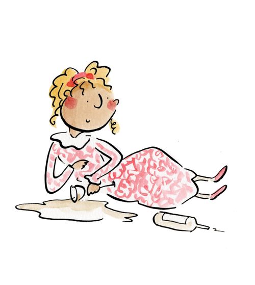 A woman in Regency clothing next to a spilled wine glass