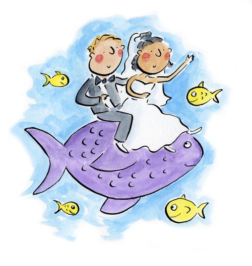 A bride and groom riding a giant fish