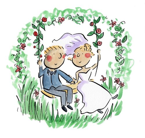 A bride and a groom on a swing