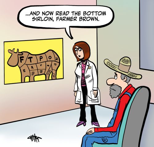 "And now read the bottom sirloin, farmer Brown."