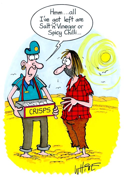 "Hmm.... all I've got left are Salt 'n' Vinegar or Spicy Chili..." 