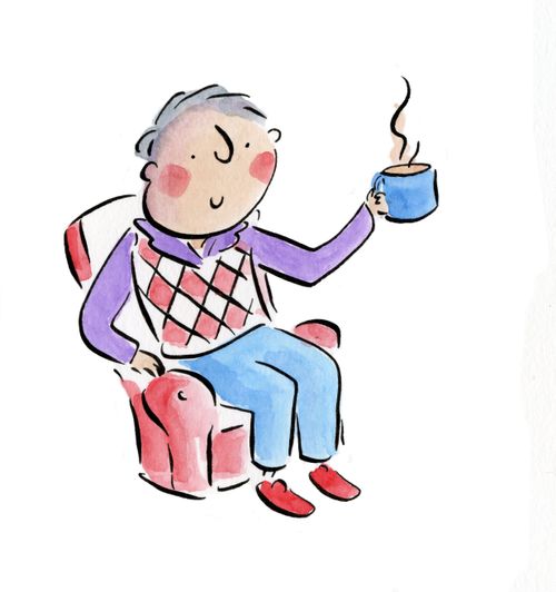 An elderly man with a cup of tea