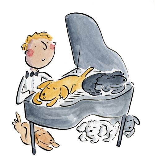 Dogs sleeping on a piano