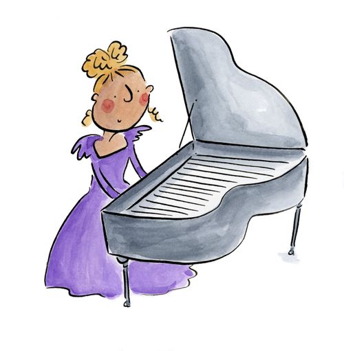 A woman in a purple gown playing the piano
