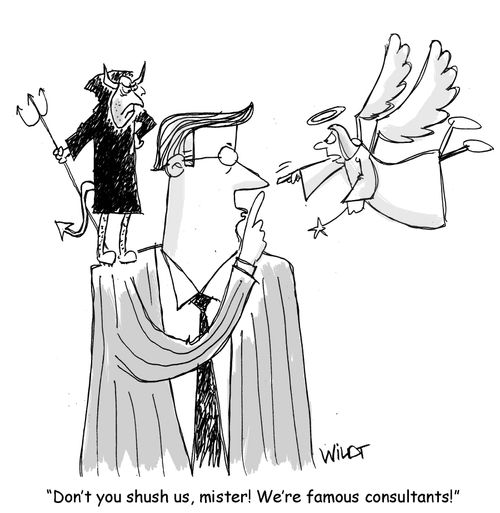 "Don't you shush us, mister! We're famous consultants!"