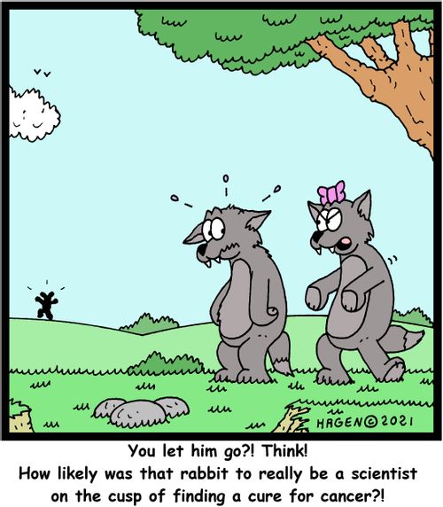 "You let him go?! Think! How likely was that rabbit to really be a scientist on the cusp of finding a cure for cancer?!"