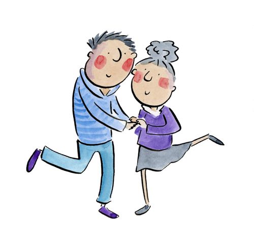 An elderly couple dancing
