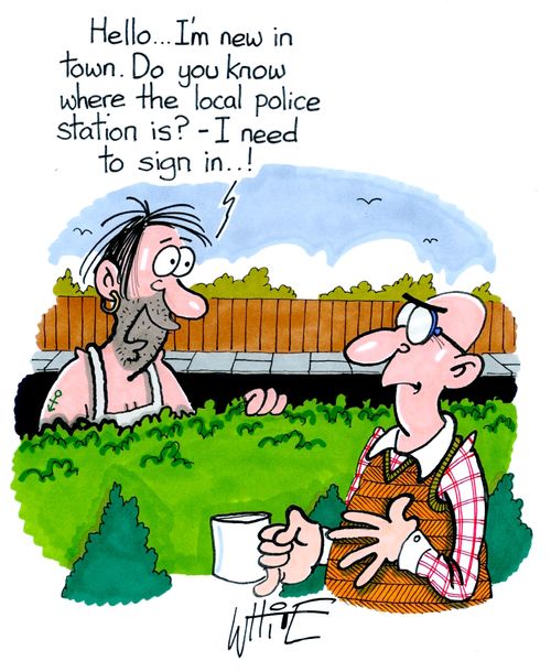 "Hello. . . I'm new in town. Do you know where the local police station is? - I need to sign in. . !"