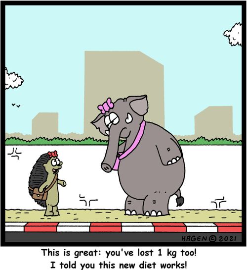 "This is great: you've lost 1 kg too! I told you the new diet works!"