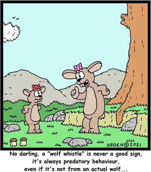 "No darling, a 'wolf whistle' is never a good sign, it's always predatory behaviour, even if it's not from an actual wolf..."