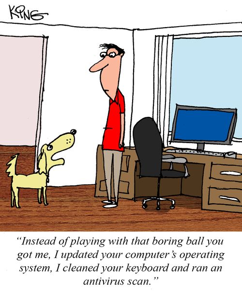 "Instead of playing with that boring ball you got me, I updated your computer's operating system, I cleaned your keyboard and ran an antivirus scan."