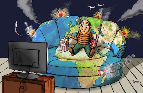 A man sitting on a map of the world surrounded by missiles