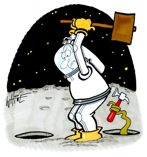 An astronaut attempting to knock out an alien