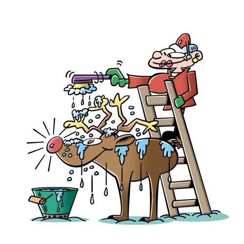 Mrs Claus giving Rudolph a wash
