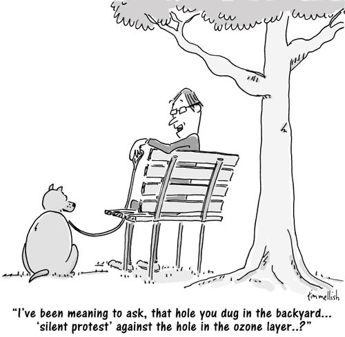 "I've been meaning to ask, that hole you dug in the backyard. . . 'silent protest' against the hole in the ozone layer. . .?"