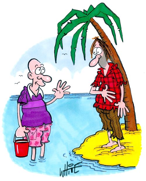 A holiday maker greets a castaway