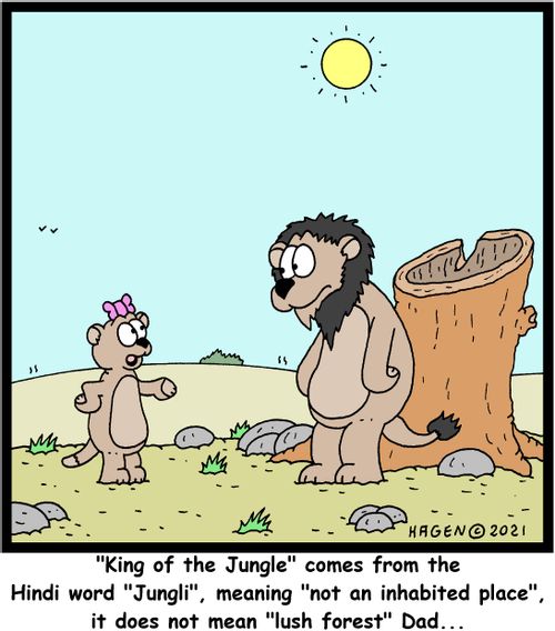 "'King of the Jungle' comes from the Hindi word 'Jungli', meaning 'not an inhabited place', it does not mean 'lush forest' Dad...."