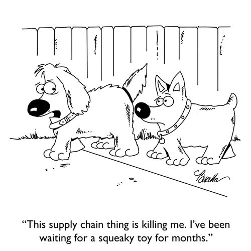 "This supply chain thing is killing me. I've been waiting for a squeaky toy for months."