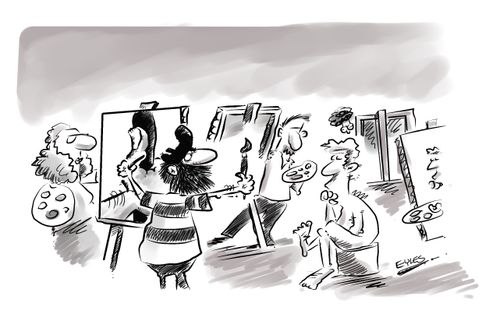An artist paints an image of his hand in a life drawing class