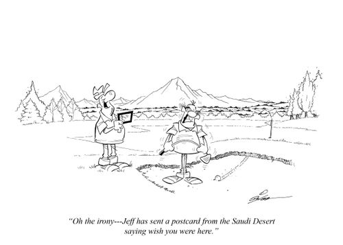 "Oh the irony-- Jess has sent a postcard from the Saudi Desert saying wish you were here."