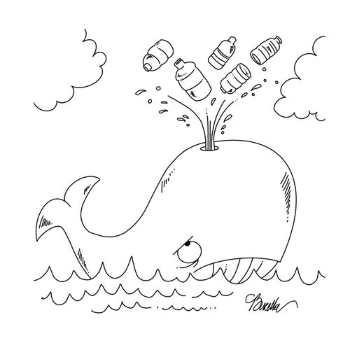 Whale blows plastic bottles out hole