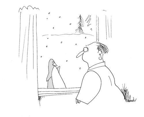 A penguin waving through a window