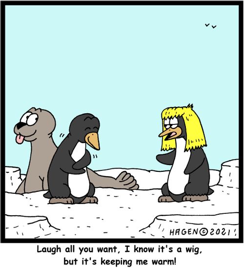 "Laugh all you want, I know it's a wig, but it's keeping me warm!"