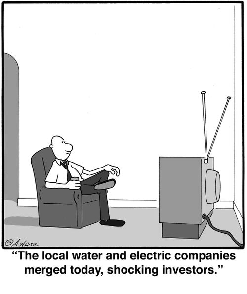"The local water and electric companies merged today, shocking investors."