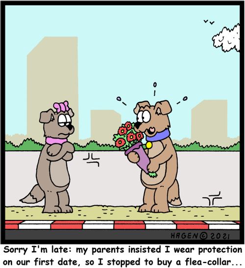 "Sorry I'm late: my parents insisted I wear protection on our first date, so I stopped to buy a flea-collar..."
