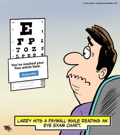 Larry hits a paywall while reading an eye exam chart.