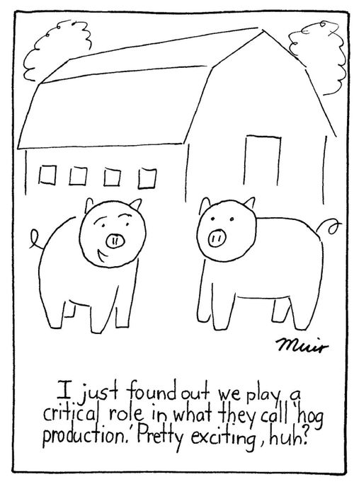 "I just found out we play a critical role in what they call 'hog production.' Pretty exciting, huh?"