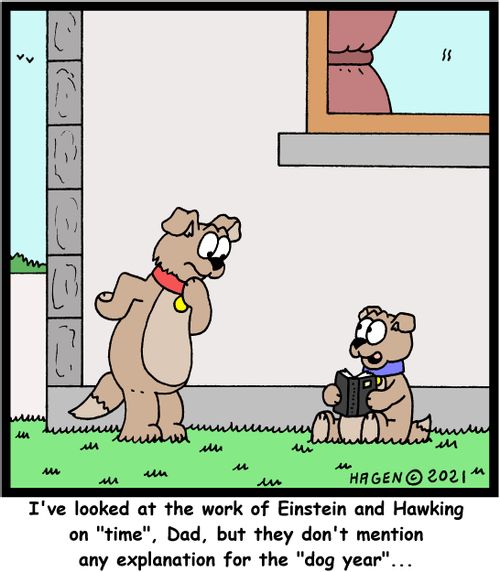 "I've looked at the work of Einstein and Hawking on 'time'. Dad, but they don't mention any explanation for the 'dog year'..."