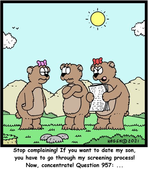 "Stop complaining! If you want to date my son, you have to go through my screening process! Now, concentrate! Question 957:..."