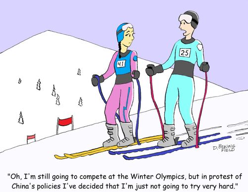 "Oh, I'm still going to compete at the Winter Olympics, but in protest of China's policies I've decided that I'm just not going to try very hard."
