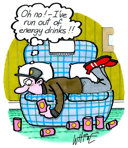"Oh no! - I've run out of energy drinks!!"