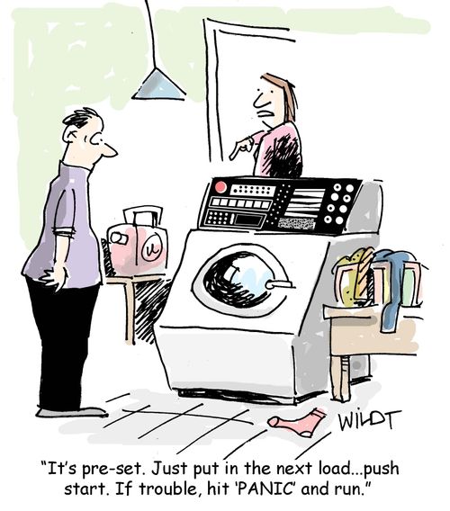 "It's pre-set. Just put in the next load. . . push start. If trouble, hit 'Panic' and run."