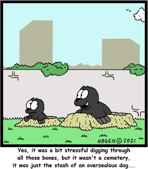 "Yes, it was a bit stressful digging through all those bones, but it wasn't a cemetery, it was just the stash of an overzealous dog..."