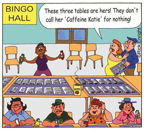"These three tables are hers. They don't call her 'Caffeine Katie' for nothing!"