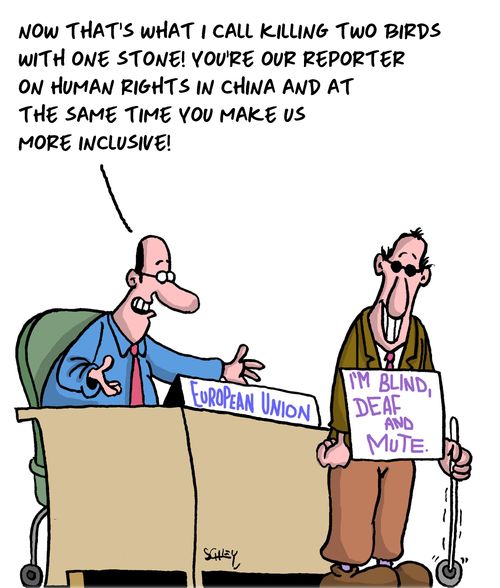 "Now that's what I call killing two birds with one stone! You're our reporter on human rights in China and at the same time you make us more inclusive!"