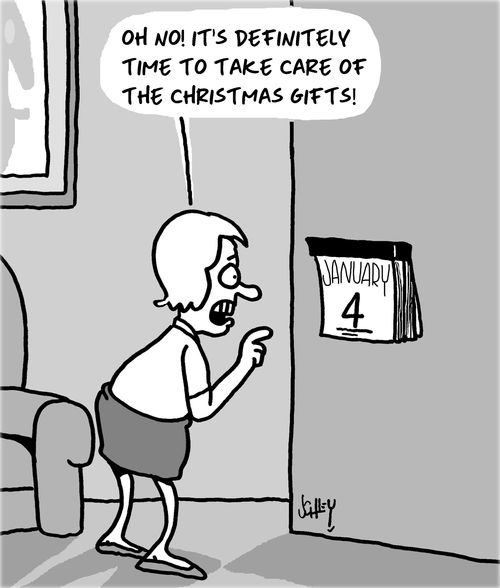 "Oh no! It's definitely time to take care of the Christmas gifts!"