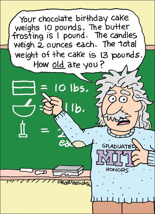 "Your chocolate birthday cake weighs 10 pounds. The butter frosting is 1 pound the candles weight 2 ounces each. The total weight of the cake is 13 pounds. How old are you?"