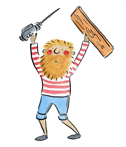 A carpenter holding a drill and a plank of wood aloft