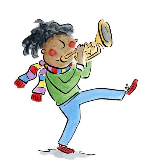 A woman playing the trumpet and doing a high kick